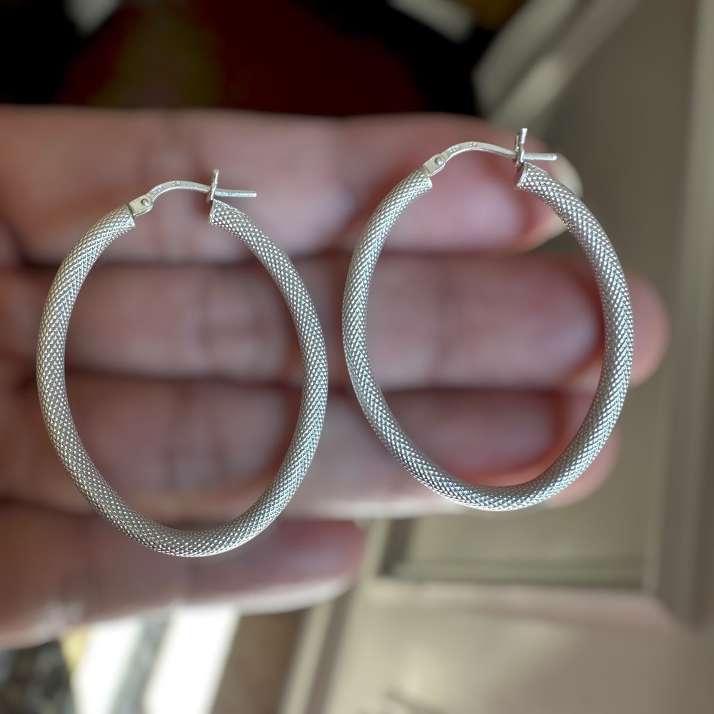 Vintage SA Hoop Earrings 1.6 Inch Oval Textured Mesh Modernist 925 Sterling 3.1g